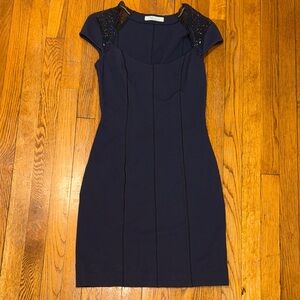Blumarine VINTAGE Navy Cap Sleeve Mini sheath Dress rhinestone detail size 40 IT